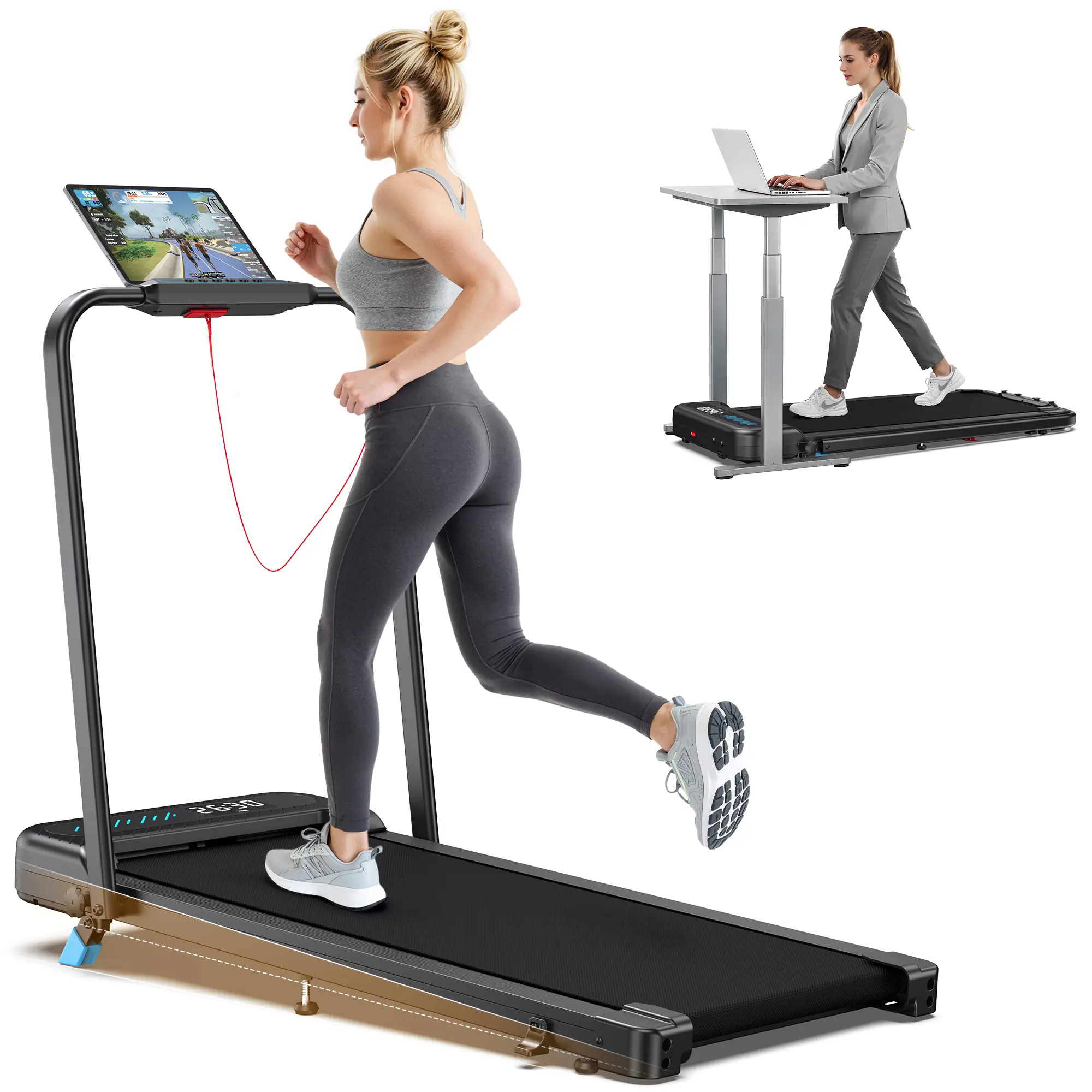 Folding Walking Pad with Handrail, Slim Profile & Compact Design for Home Workouts, Smart Voice Control & Quiet 3.0HP Motor, 350 lbs Capacity, Treadmill Walking Pad, Folding Frame