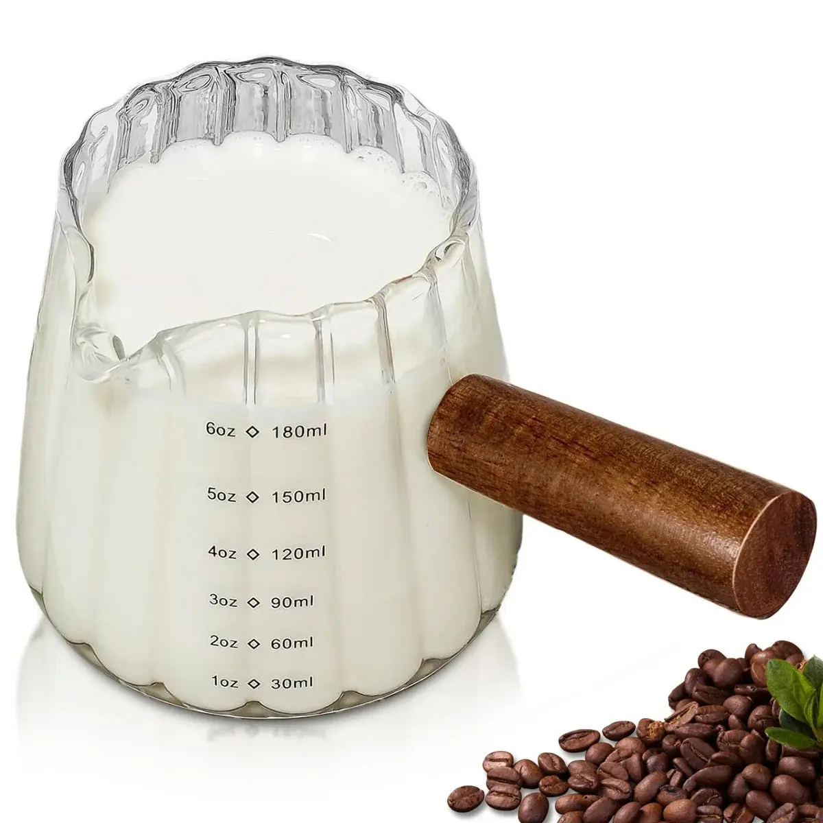 Espresso Shot Glass with Wood Handle, Espresso Accessories, Single Spout Milk Frother Measuring Cup with Clear Scale, Coffee Tea Gadgets, Kitchenware