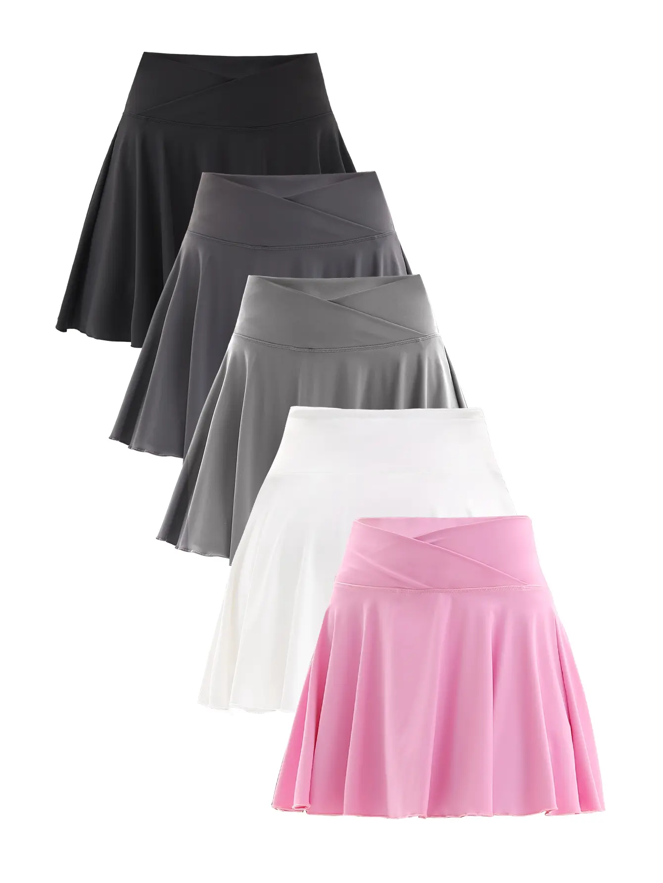 Women's 5-Pack High Waisted Crossover Tummy Control Nylon Athletic Skorts - Stretch Knit Plain All-Season A-Line Flowy Sporty Chic Workout Skirts with Built-in Shorts, Full Coverage Buttery-Soft Fabric for Tennis Attire, Golf, Running, Casual Use, Athleti