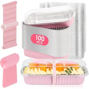 100 Pack Mini Cake Pans with Lids and Spoons, Disposable Aluminum Foil Cake Tins (6.8oz) Individual Small Cake Baking Containers for Party, Wedding, Birthday