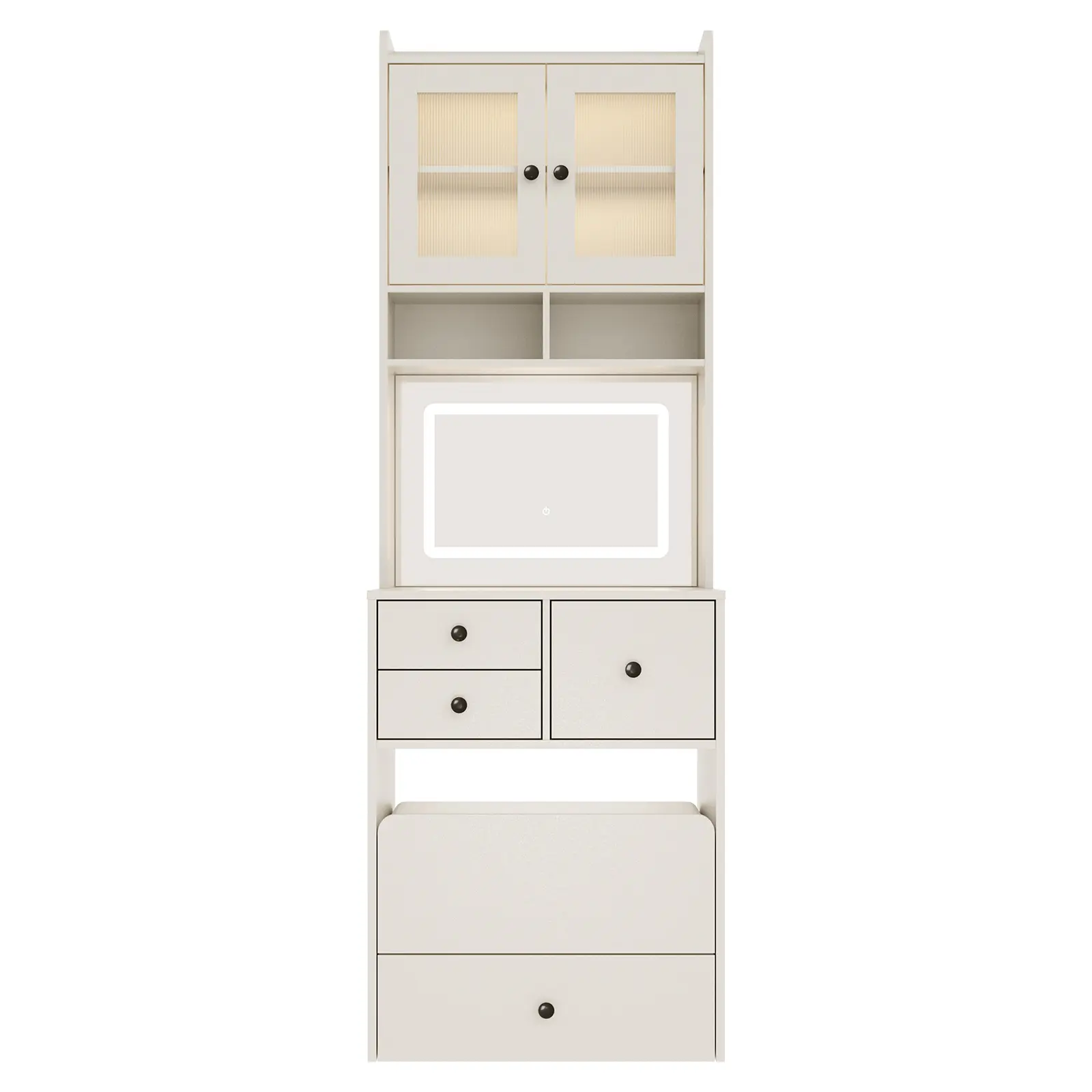 3-in-1 Tall Vanity Desk with LED Light, 2 AC Outlets & USB-C, Drawers & Acrylic Doors, Jewelry Box & Cushioned Chair