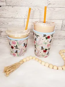 Bee Garden Coffee Koozie - Coffee Sleeve, Beverage, Drinkware, Washable, Flowers, Lavendar, Iced Coffee