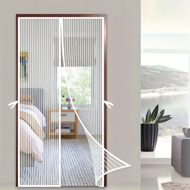 Magnetic Polyester Screen Door for Home, Heavy-Duty Reinforced Mesh, White Striped Dense Weave with Clasps, Smooth Auto-Close, Hands-Free No-Gap Seal, Mosquito-Proof for Bedrooms & Bedroom Decor, Modern Minimalist Design