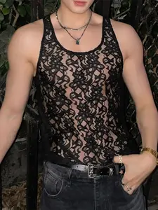 INCERUN Men's Fashion Sexy Tank Top, Summer Sleeveless Lace Vest, Casual Daily Wear