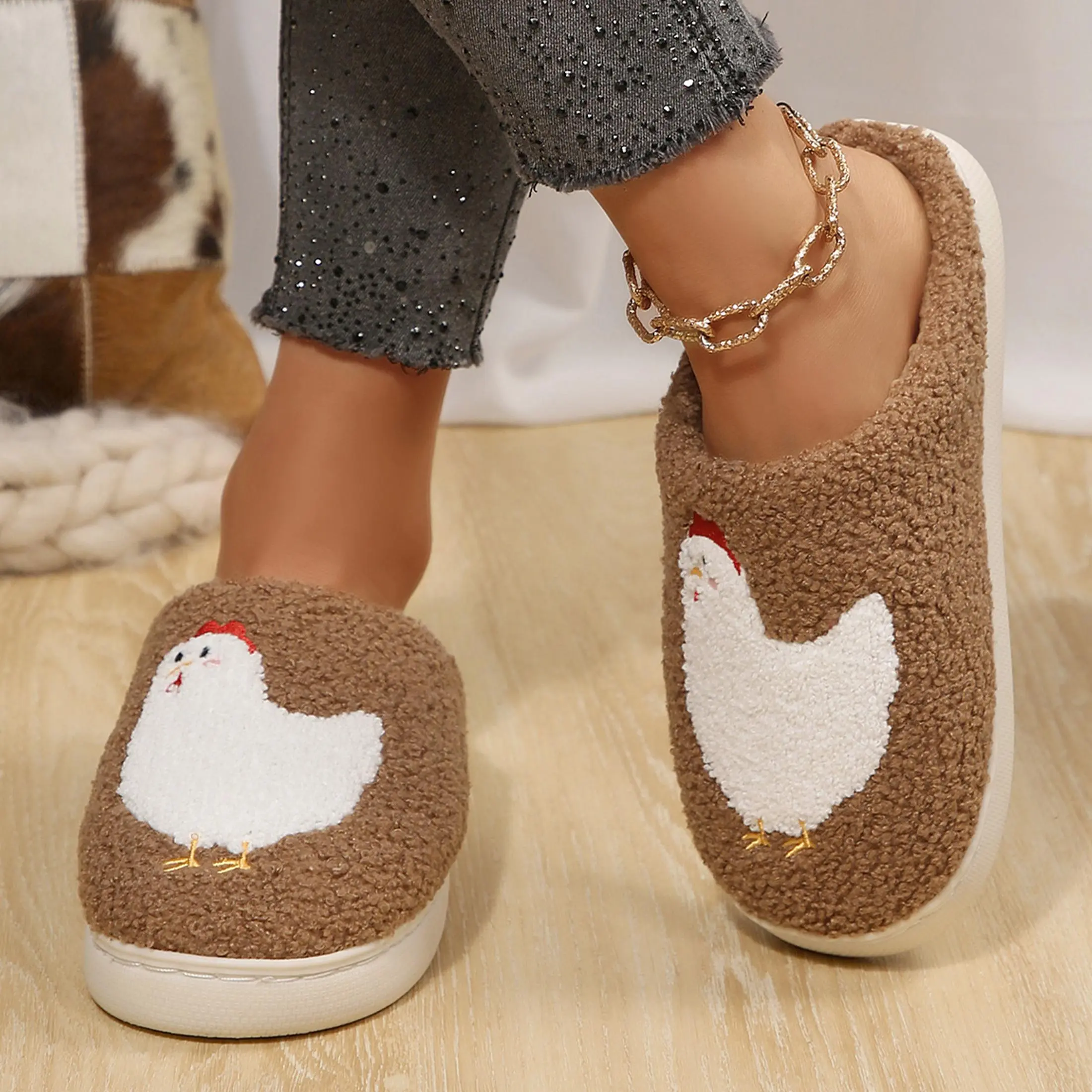 Womens Cozy Quilted Slippers Chick Graphic Indoor Warm Soft Comfortable House Shoes Non-Slip Sole