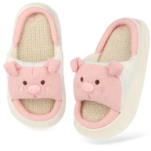 Women's Cute Pig Cartoon Slippers Soft Linen Cotton Memory Foam Non-Slip House Bedroom Slippers for Indoor & Outdoor Wear