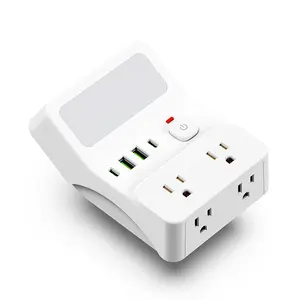 1pc night light wall socket, 4 AC sockets with overload protection, maximum power of 1250W, 10A, 2 USB 2 Type-C, suitable for home, office, travel and computer.