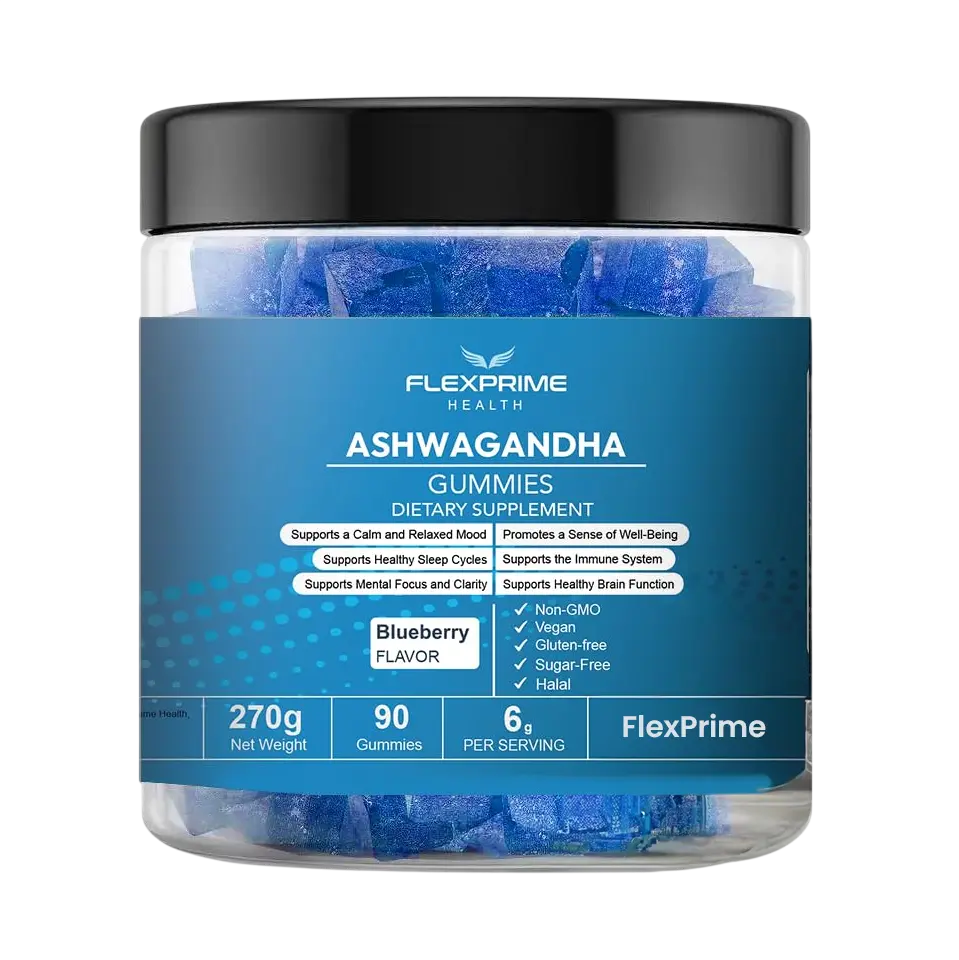 FlexPrime Ashwagandha Gummies for Women & Men - Stress Relief, Calm Mood & Focus Support | Sugar Free, Vegan, Halal Non-GMO Blueberry Ashwagandha Chews | 90 Count