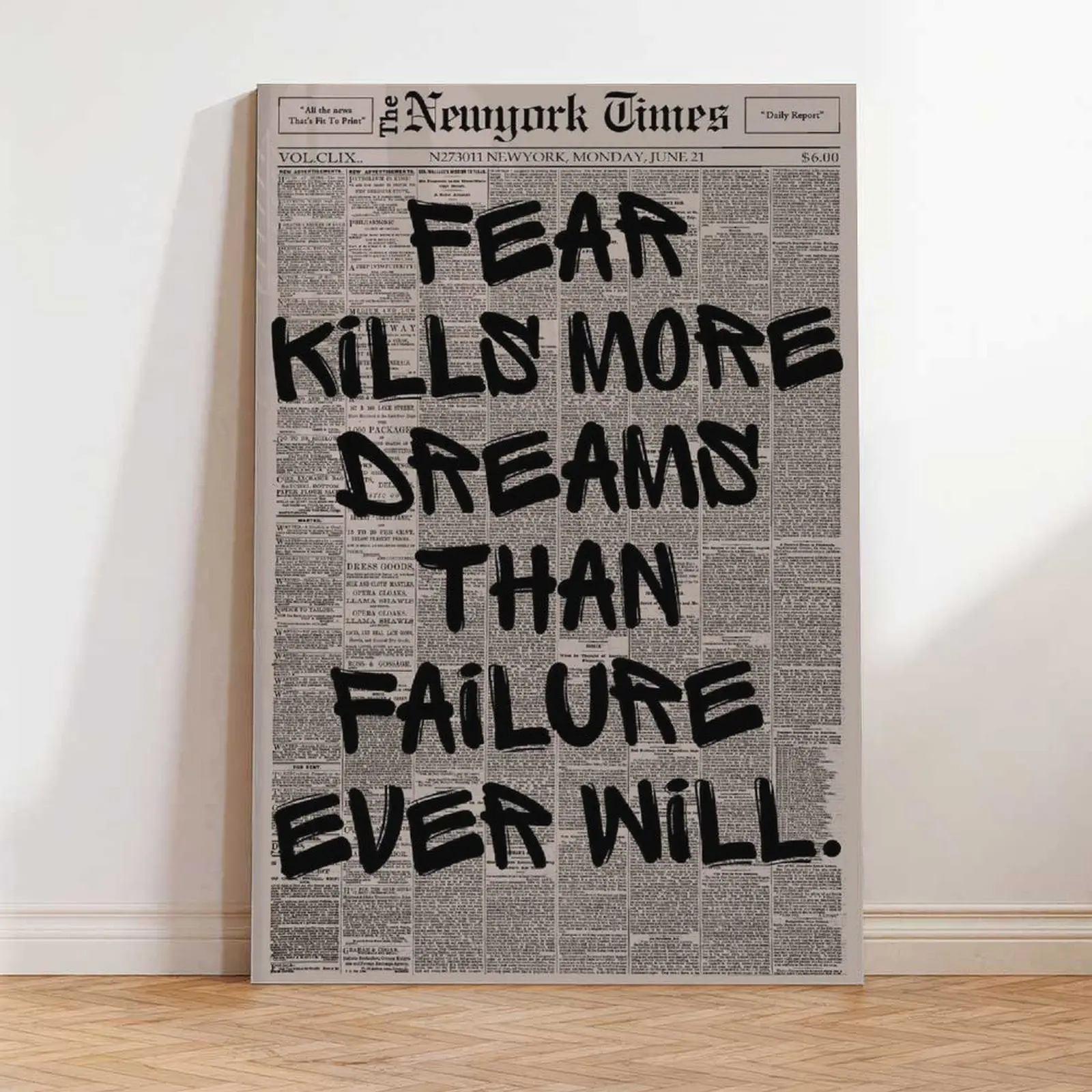 Retro Fear Kill More Dreams Than Failure Newspaper Poster, Motivational Wall Art, Typography Print, Uplifting Quote