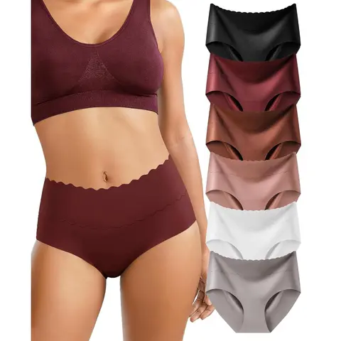 LEVAO Women's 6-Pack Multicolor Plain Briefs - 6 Pack-Black Seamless High-Mid Waisted Adult Panties, Lightweight Ice Silk Soft Full Coverage Underpants with Cotton Crotch, Abdomen Support, S-XXL (Christmas, Thanksgiving)