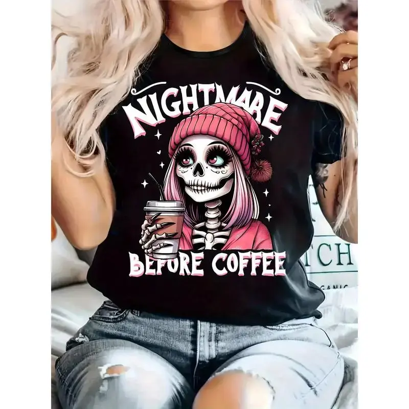 Cotton Short Sleeve  T-Shirt  Casual Graphic T-Shirt - "Nightmare Before Coffee" Skeleton Art Print for Stretchy Knit Round Neck Short Sleeve Tee,All-Season Comfort, Ladies T Shirts, Comfortable Fit Tee