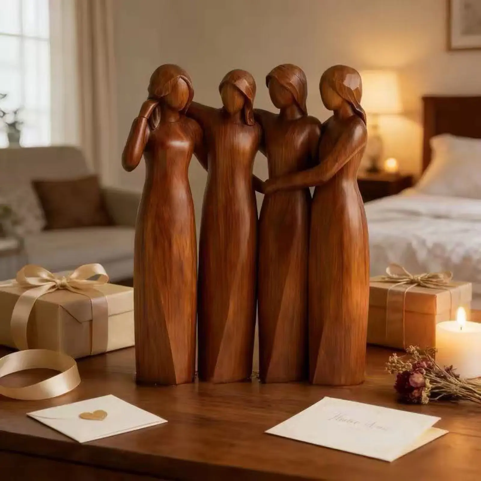 Resin Craft Ornament Fake Wood Sister Friendship Statue Home Decor Figure Decor Decorative Figurines Four Sisters Figurine, Elegant Resin Art Sculpture for Living Room Resin Sculptures Modern Home Decoration Creative Modern Decoration Decoration Items