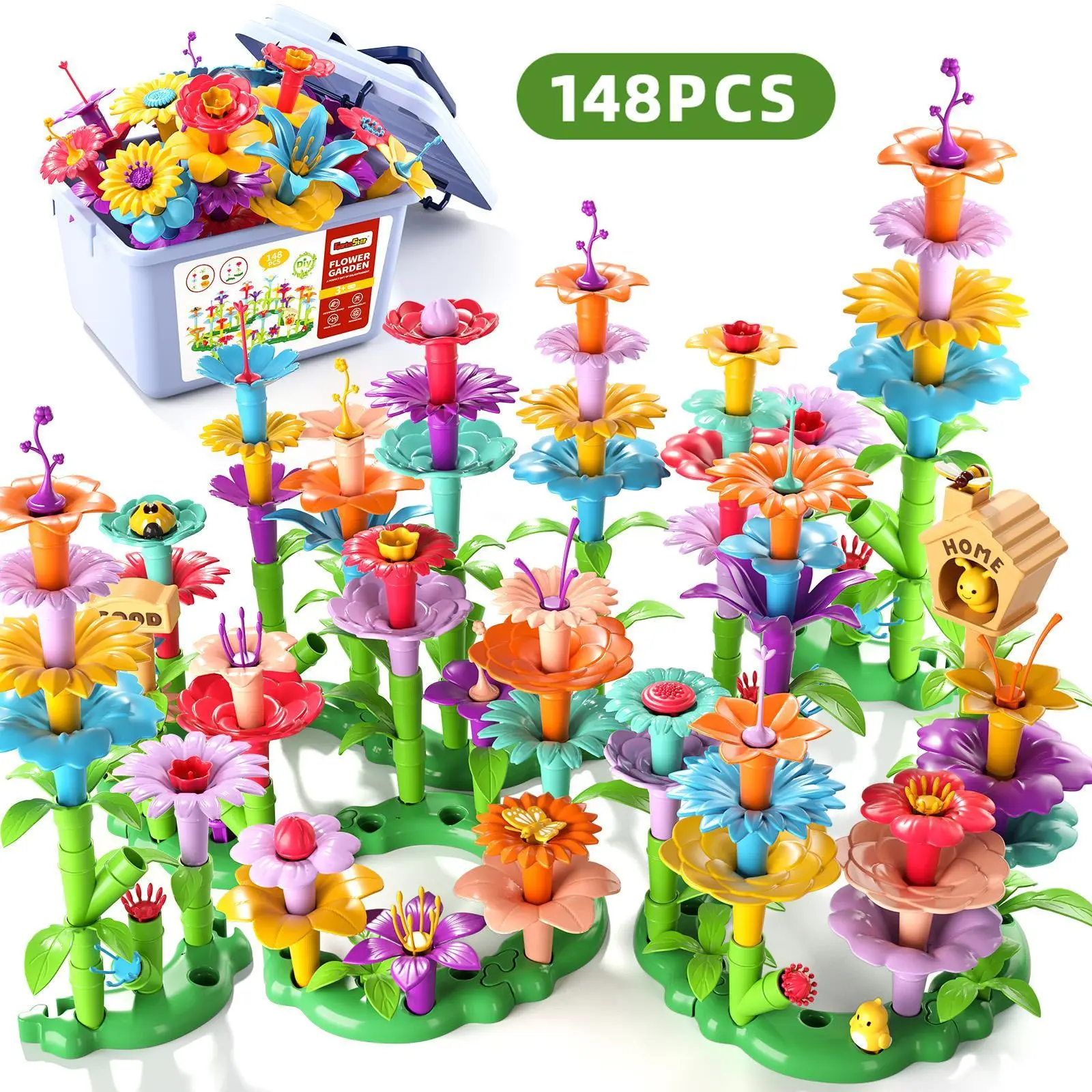 Creative Flower Buildable Blocks Kit, DIY Construction Stacking Brick Set with Storage Box, Kids' Birthday-Ready Gift Idea That Boosts Fine Motor Skills & Creative Stacking Keeps Kids Engaged