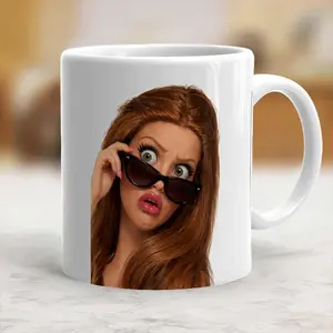 Funny Disgusted Doll Face Mug, Hilarious Coffee Cup with Sunglasses Design, Sarcastic Diva Reaction Ceramic Mug, Relatable Office Humor Gift for Her, 11oz 15oz White Durable Tea Mug for Besties & Coworker