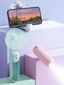 LMMAKE 5 in 1 Portable Handheld Fan USB Rechargeable Foldable Cooling Fan with Power Bank Flashlight Mirror 3 Speeds Compact Travel Mini Fan for Women's Makeup Pink