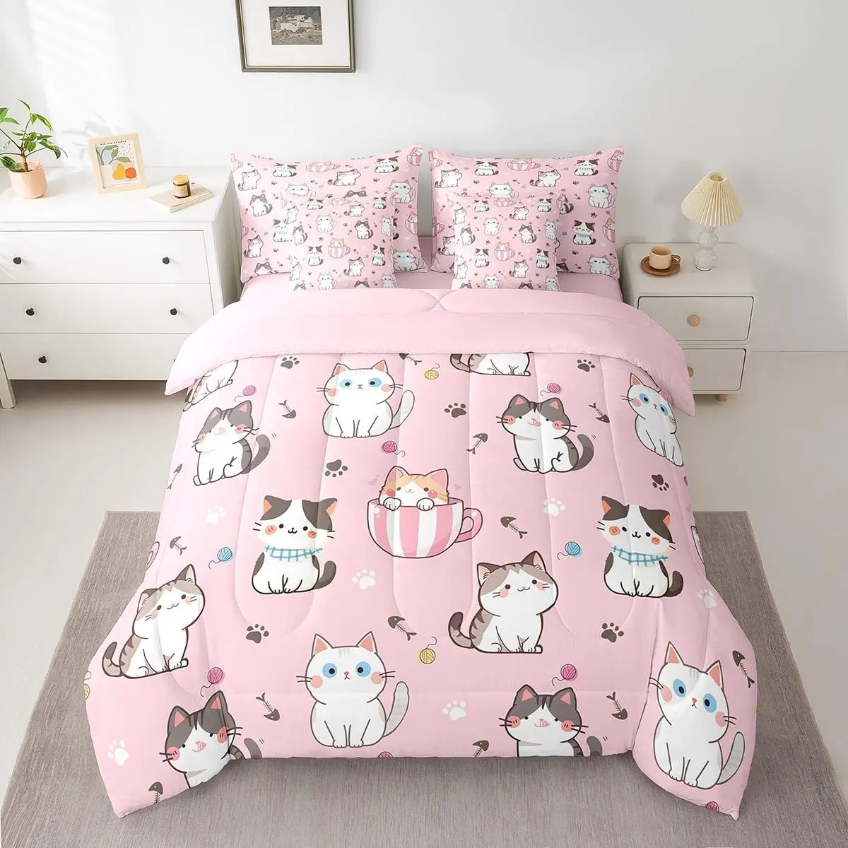Feelyou 7-Piece Soft Breathable Bedding Set - Cute Sheets, Matching Bedding, Kitty Print Animal-Inspired Comforter, Breathable Bed Cover, Machine Washable Kawaii Bed-in-a-Bag for Cat Lovers, Animals, Bedding Sets