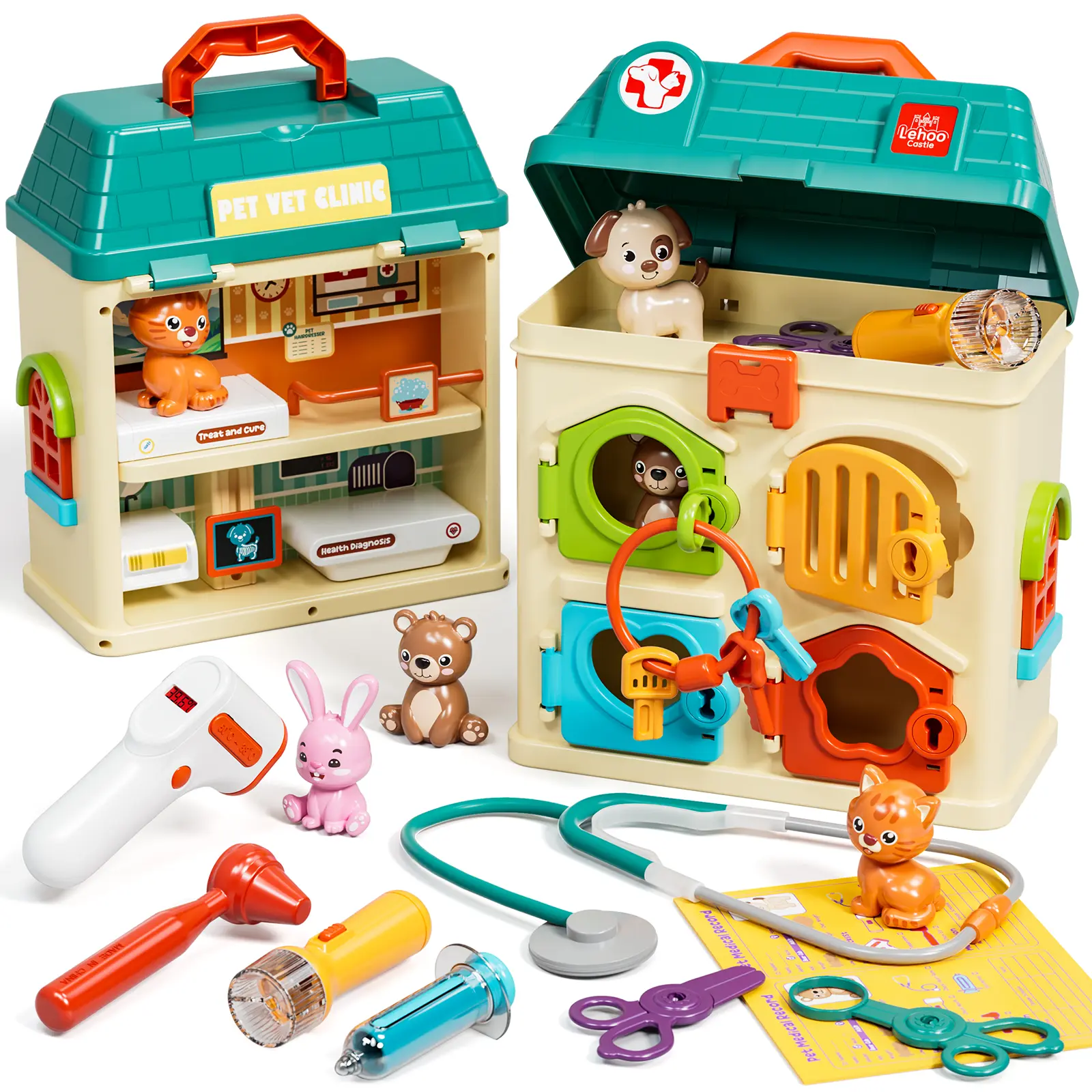 Veterinarian Playset for Kids Girls, Little Doctor Pretend Play Set, Critter Clinic Toy with Keys, Learning While Playing, Doctor Kit for Kids Pet Vet Toys, Gifts for Girl Boys, Playing House