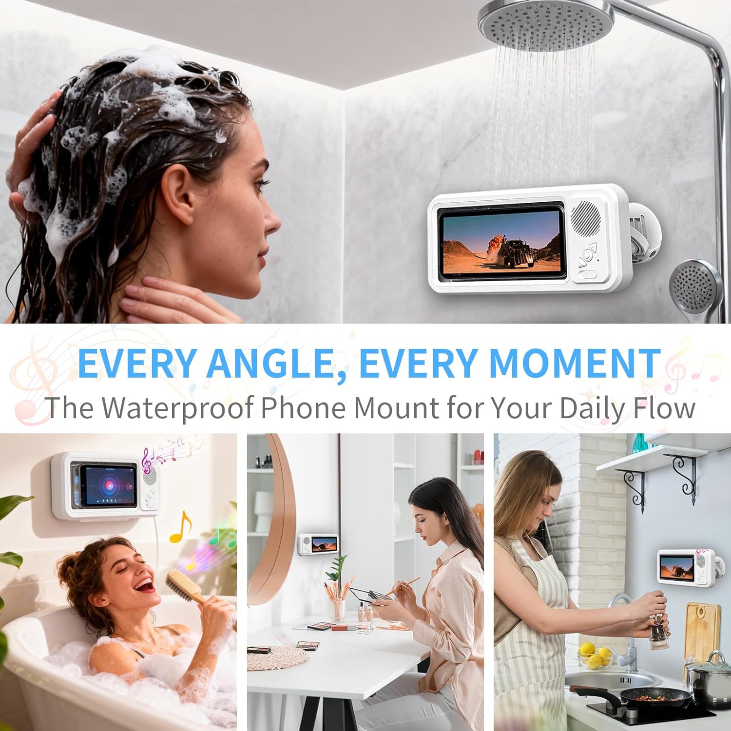 Shower Phone Holder with Bluetooth Speakerfor Bathroom, Kitchen, Pool 360° Rotatable Waterproof Touchscreen Case