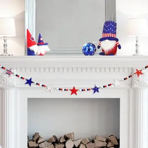 4.2 FT Patriotic Wooden Bead Garland with Star Charms Red White Blue Rustic Farmhouse Banner for 4th of July Shelf Fireplace Wall