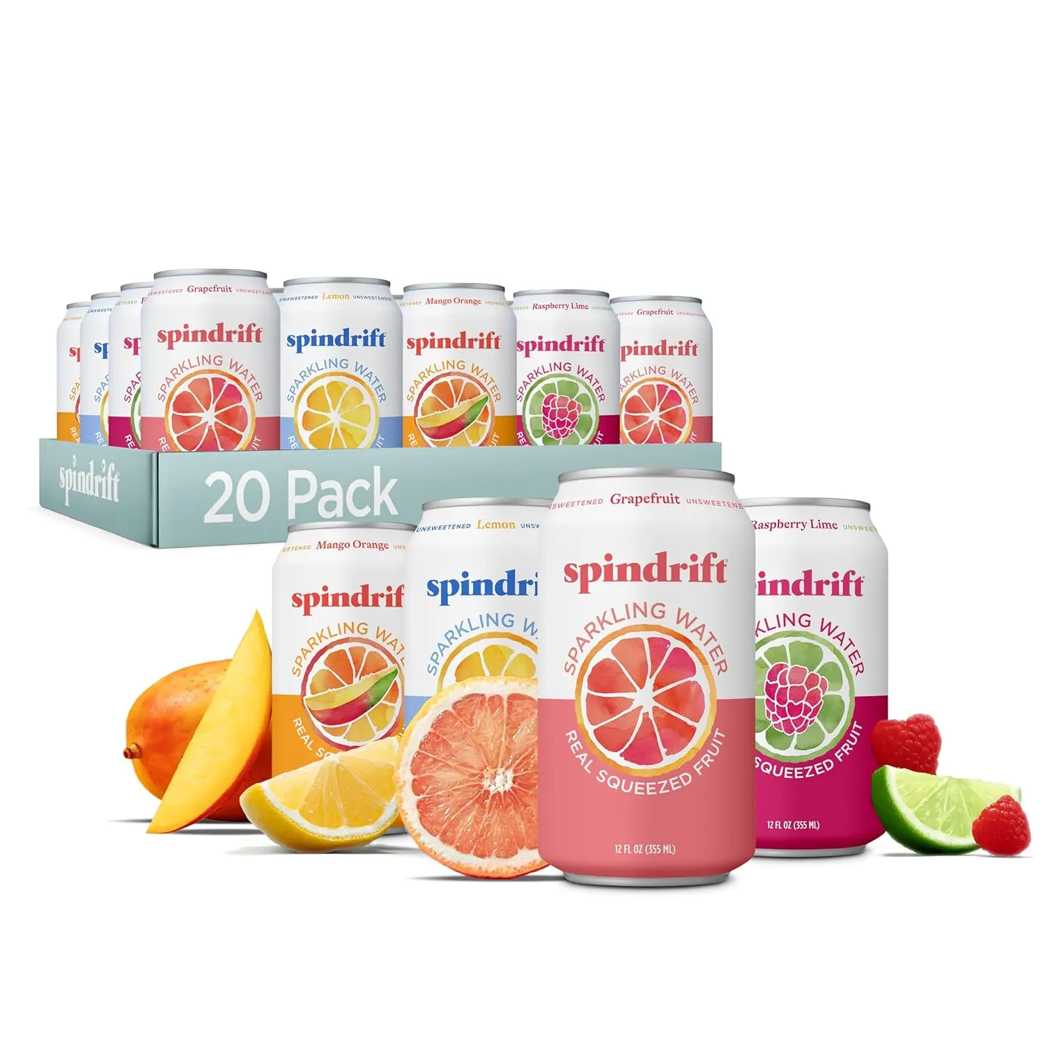 Spindrift Sparkling Water 4 Flavor Variety Pack, Made with Real Squeezed Fruit, 12 fl oz Cans (Pack of 20) Refreshing Light Sparkling Drink