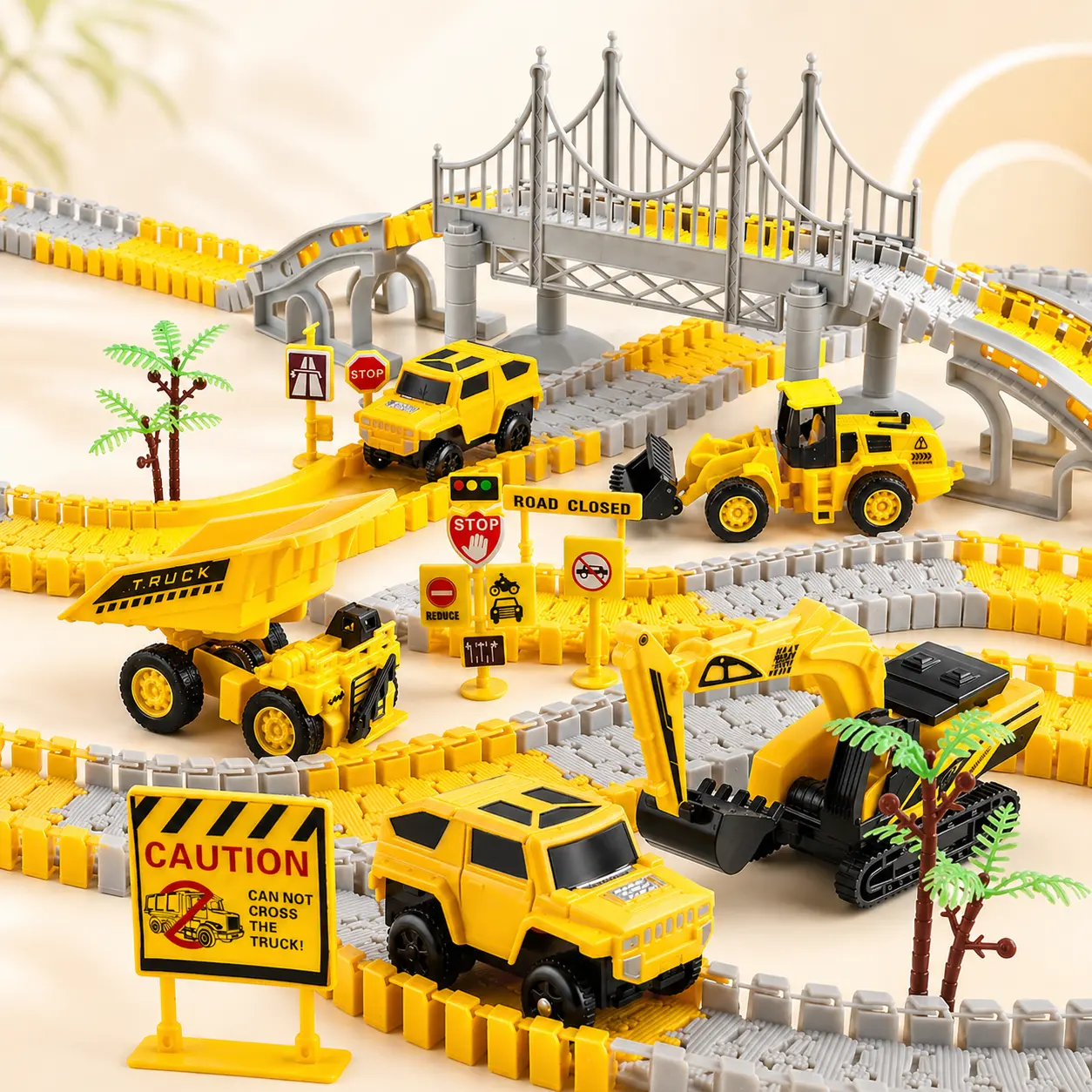 276 PCS Construction Race Track Toy for Kids, Truck Car Engineering Road Playset with Bridge, Vehicles and Road Signs