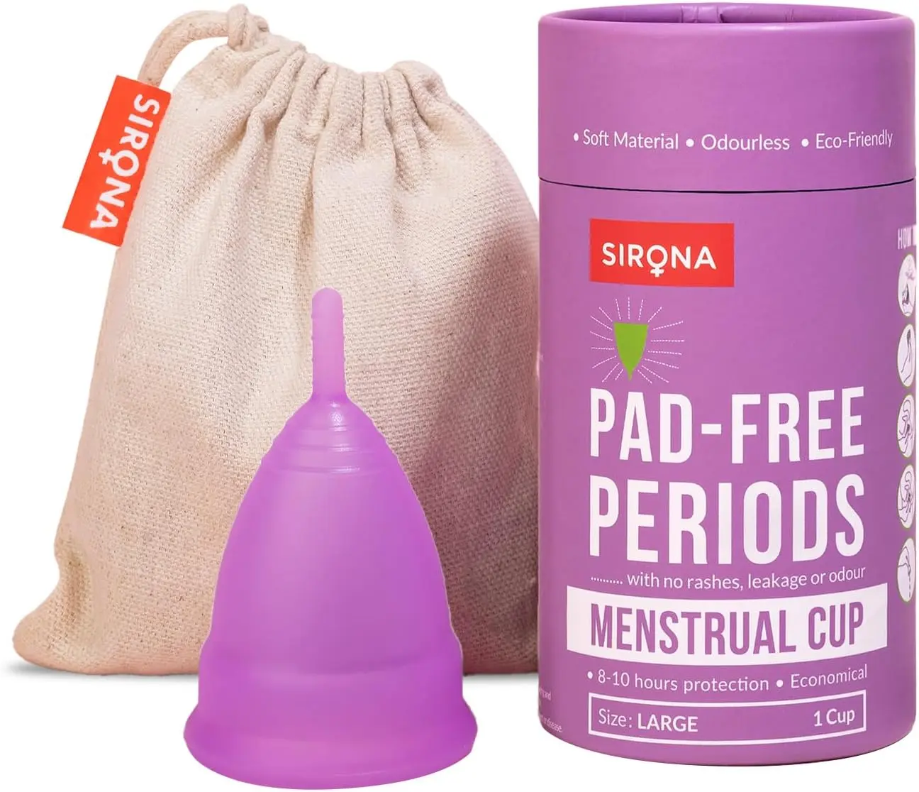 Sirona Reusable Menstrual Cup - Large Size | Ultra-Soft, Odor-Free, Rash-Free Medical-Grade Silicone with Pouch | Leak-Proof Period Cup for Heavy & Light Flow | Tampon & Pad Alternative | Pack of 1