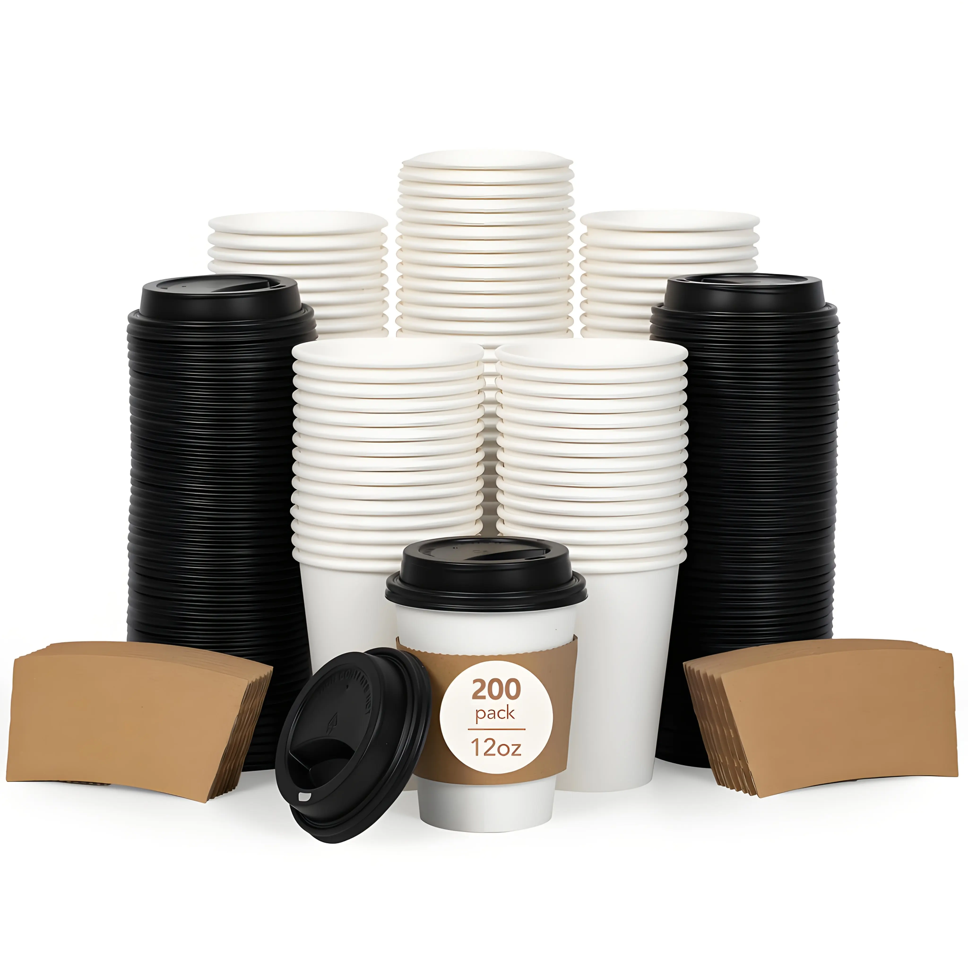 12 oz Paper Coffee Cups ,Disposable Coffee Cups with Lids ,and Sleeves,and Stirrers,200-Pack Heat Resistant Paper Cups, Leak-Proof To Go Cups for Coffee Shop, Cafe, Office and Party Supplies Compostable Plates
