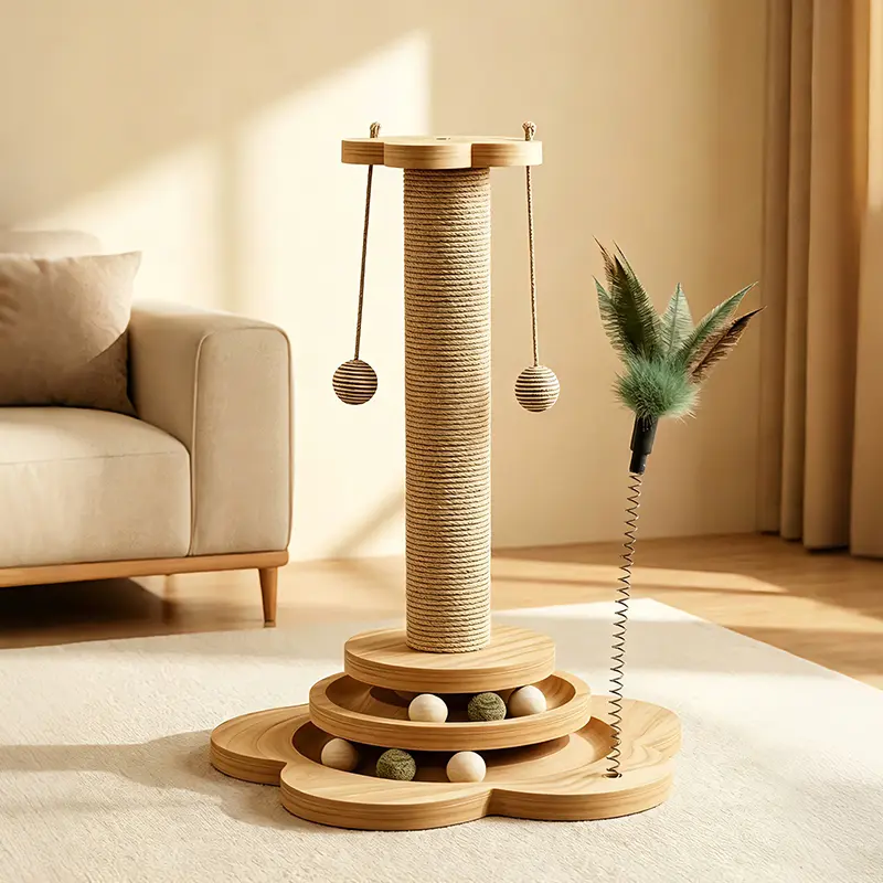 Solid Wood Standing Cat Climbing Tower with Scratching Post and Board, Interactive Clawing Toy for Felines