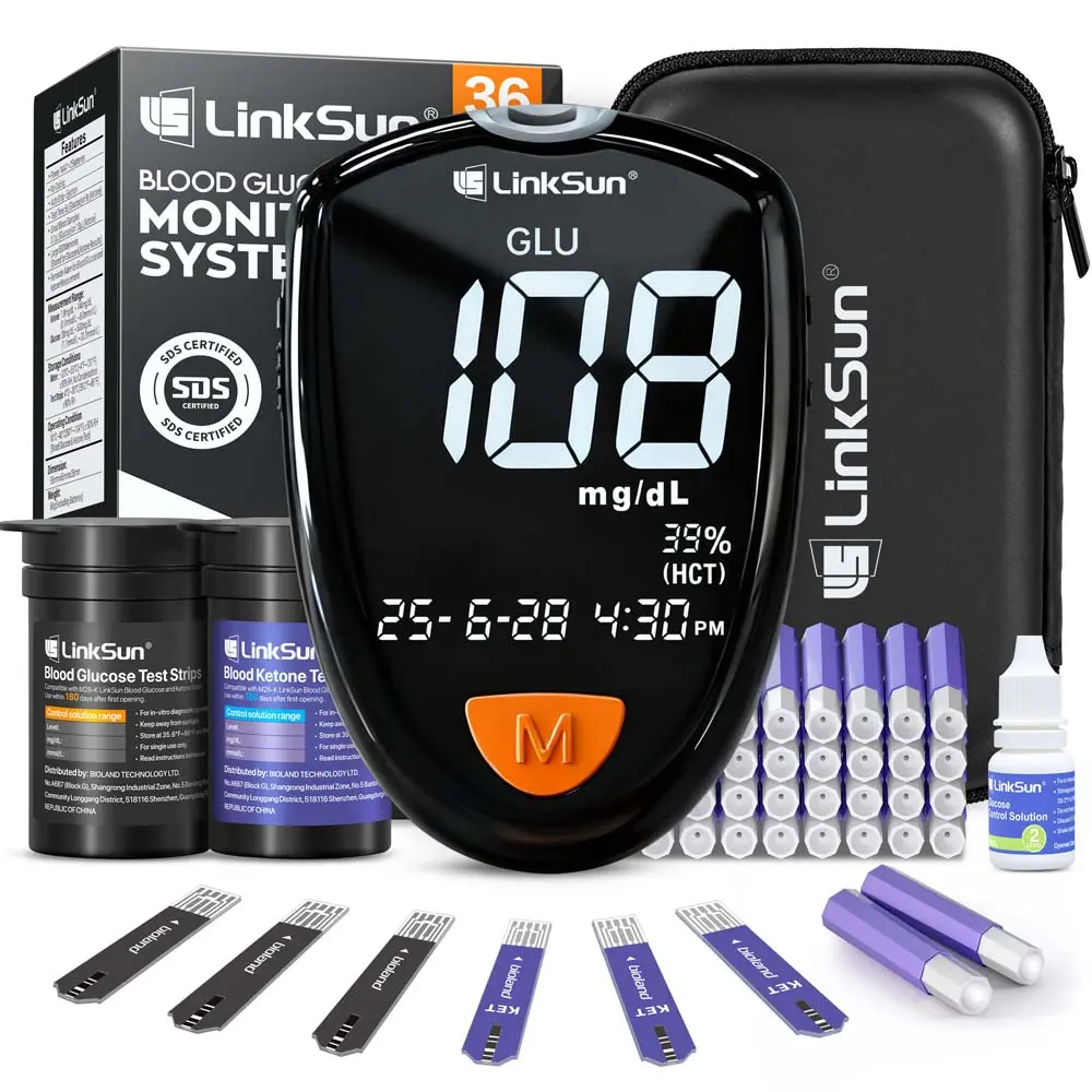 Linksun M26-K 2-IN-1 Health Monitor Kit - No Coding, Large Display Blood Glucose & Ketone Tester with 20 Safety Lancets, 10 Strips (Glucose/Ketone), Travel Case, Control Solution for Home & Keto Use, Blood Glucose Monitor Healthcare