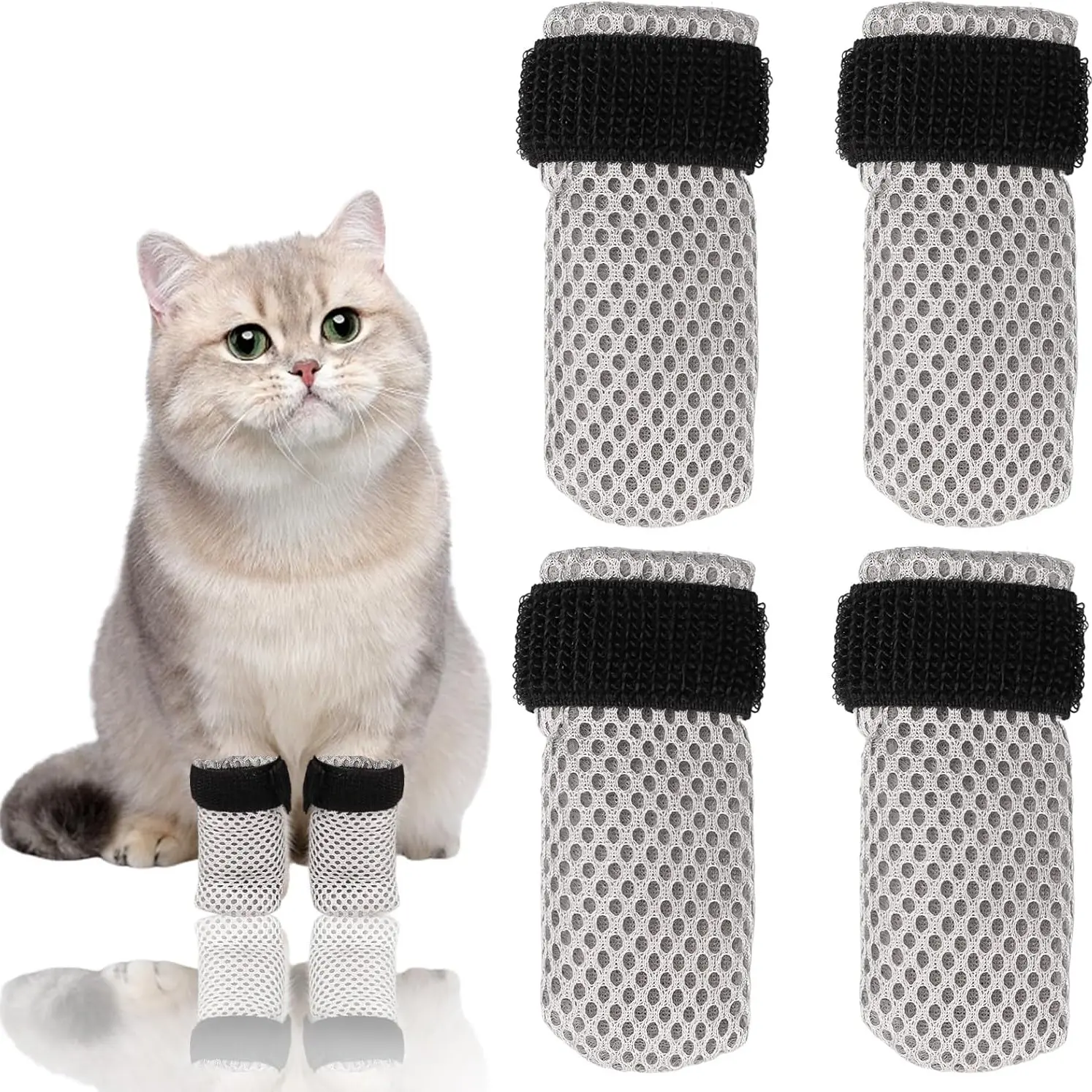 Pet Cat Dog Boots, Anti-Scratch Adjustable Mesh Paw Guards, Non-Slip Breathable Pet Gloves for Bathing, Nail Trimming, Injection, Kitten Shoes