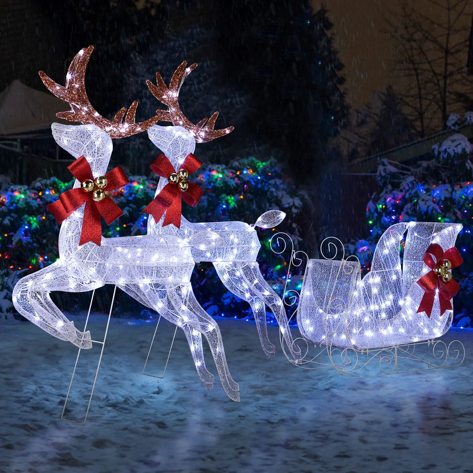 3-Piece Lighted Set of 2 Reindeer & Sleigh, Weather Proof Christmas Outdoor Decorations with Pre-lit 270 LED White Lights and Stakes for Xmas Outdoor Holiday Indoor Decor Lighted Holiday Displays, White