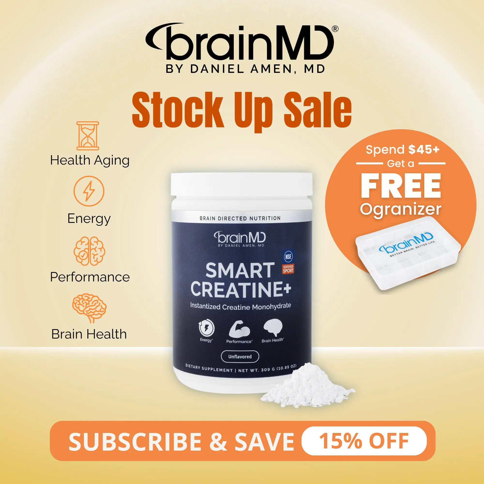 Smart Creatine+ | BrainMD | NSF Certified 60 Servings Powder | Muscle Strength & Performance Support | Brain Focus, Energy & Healthy Aging Support | iCreatine Creatine Monohydrate