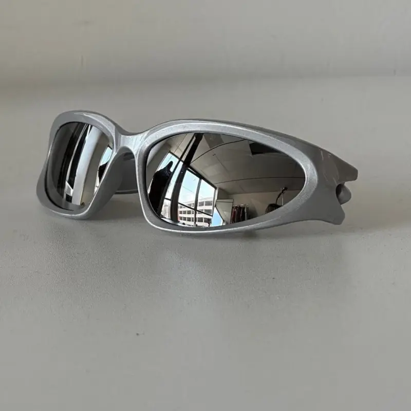 Y2K Cyber Metallic Sunglasses | Silver Wraparound Sporty Eyewear | Futuristic Mirrored Glasses for Rave Streetwear Festival