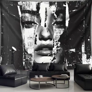 [1pc Artistic Tapestry] 1pc Extra Large Artistic Design Black and White Female Face Landscape Photo Tapestry |       Polyester Aesthetic Print Wall Hanging |       Living Room Bedroom Office Home Party Decoration, No Installation Required