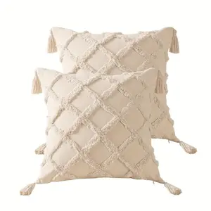Boho Style Throw Pillow Case, Solid Color Tassel Decor Cushion Cover, Decorative Pillow Case for Home Living Room Bedroom