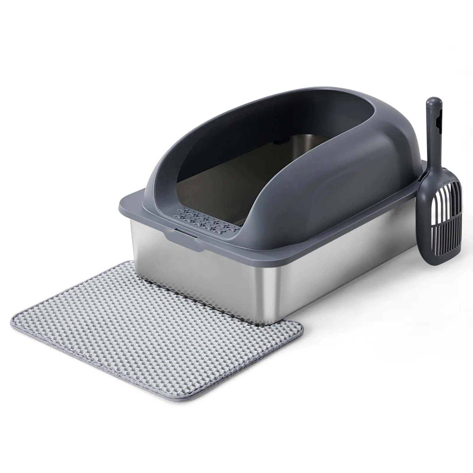 23.6in Stainless Steel Odorless Litter Box for Cats, Metal Litterbox with Lid, Includes Matching Scoop and Mat, Odorless Litter Boxes
