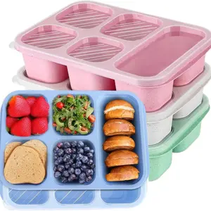 Wheat Straw Bento Snack Box Containers, 4-Pack 5-Compartment Meal Prep, Reusable Food Storage, Stackable, Ideal for Work & Travel, Lunch Boxes