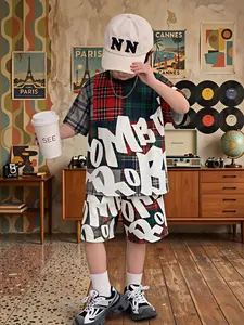 Retro Streetwear for Kids: 3–12-Year-Old Boys' Patchwork Checkered Letter Print Two-Piece Set – Summer Casual Wear that perfectly blends a retro preppy vibe with modern hip-hop style, featuring a trendy, must-have look