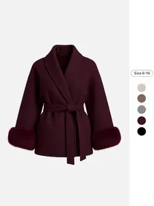 Women's Modest Elegant Solid-Color Waist-Tie Faux Fur Long Sleeve Wrap Coat Womenswear, Casual Fall & Winter Warm Outerwear Basic Thermal Warmth Outerwear