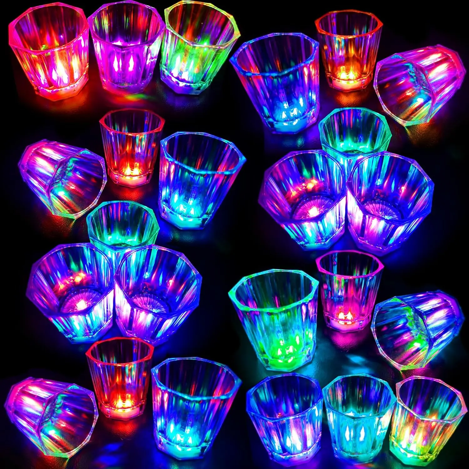 24-Pack Colorful Romantic Glowing LED Flash Shot Glasses Set, 2oz Plastic Party Favors for Adults, Ideal for Birthday, Bar Events (Glow-In-The-Dark Party Supplies)