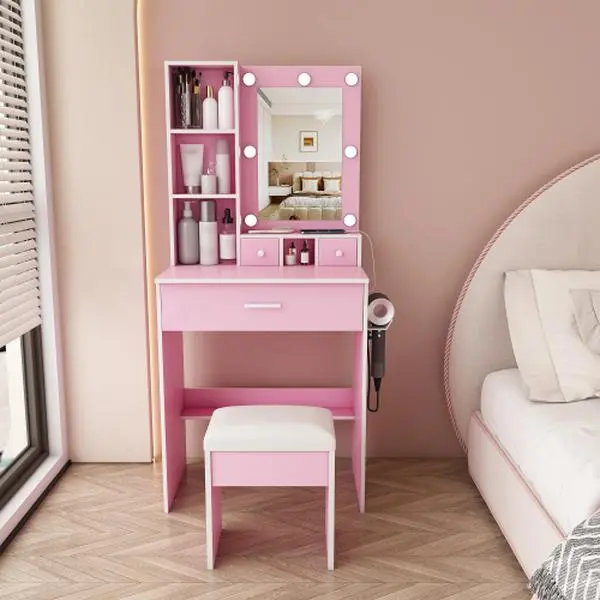 Vanity Table with Mirror & Adjustable LED Lights, Power Outlet, Hairdryer Holder & Stool – Compact Dressing Desk for Small Bedrooms