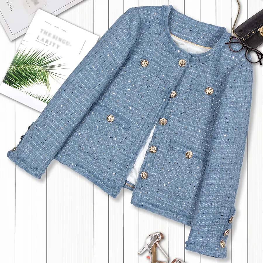 DUSHE Women's Chic Retro Plain Weave Tweed Coat - Fitted Crew Neck, Fringe Trim, Button-Front Long Sleeve Jacket for Women