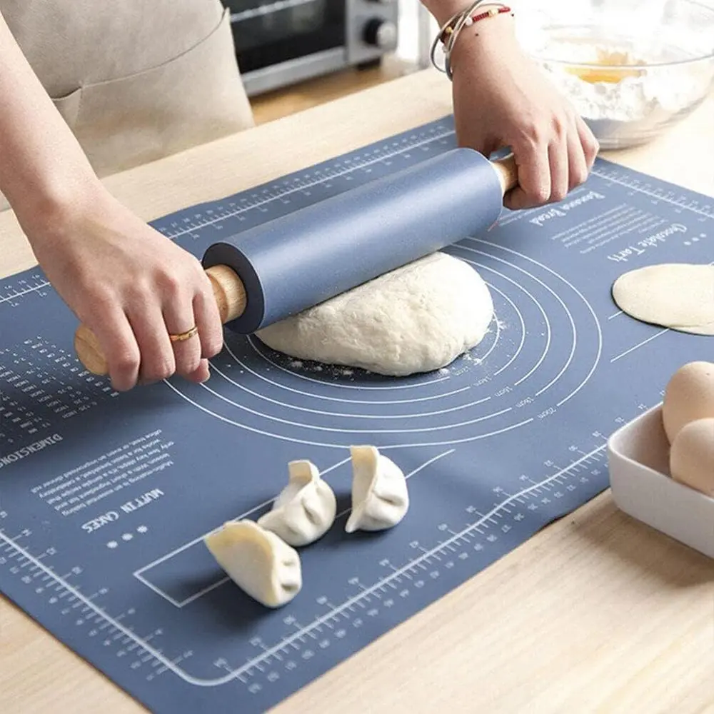 Silicone Rolling Pin & Measuring Baking Mat Set, Baking Mat with Rolling Pin, Professional Dough Roller, Kitchenware Baking Utensils, Baking Supplies, Home for Pizza, Clay, Pasta, Cookies