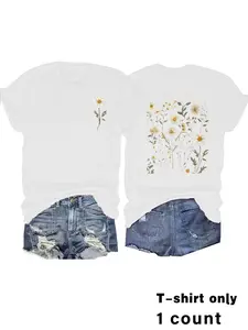 Women's Floral Print Daisy Blouse, Short Sleeve Round Neck Casual Top, Medium Stretch All-Season Comfort, Shirts