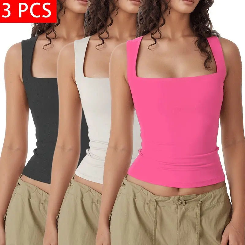 3 PCS Women's Square Neck Sleeveless Double-Layer Tank Tops Basic Slim-Fitting T-Shirts Winter & Casual Wear with Built-in Bra Off-the-Shoulder - Womenswear 014