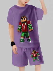 Boys' Pixel Football Print Short Sleeve Sports Clothing Set, Casual Summer for Kids, Game-Themed Clothing, Daily Wear Apparel