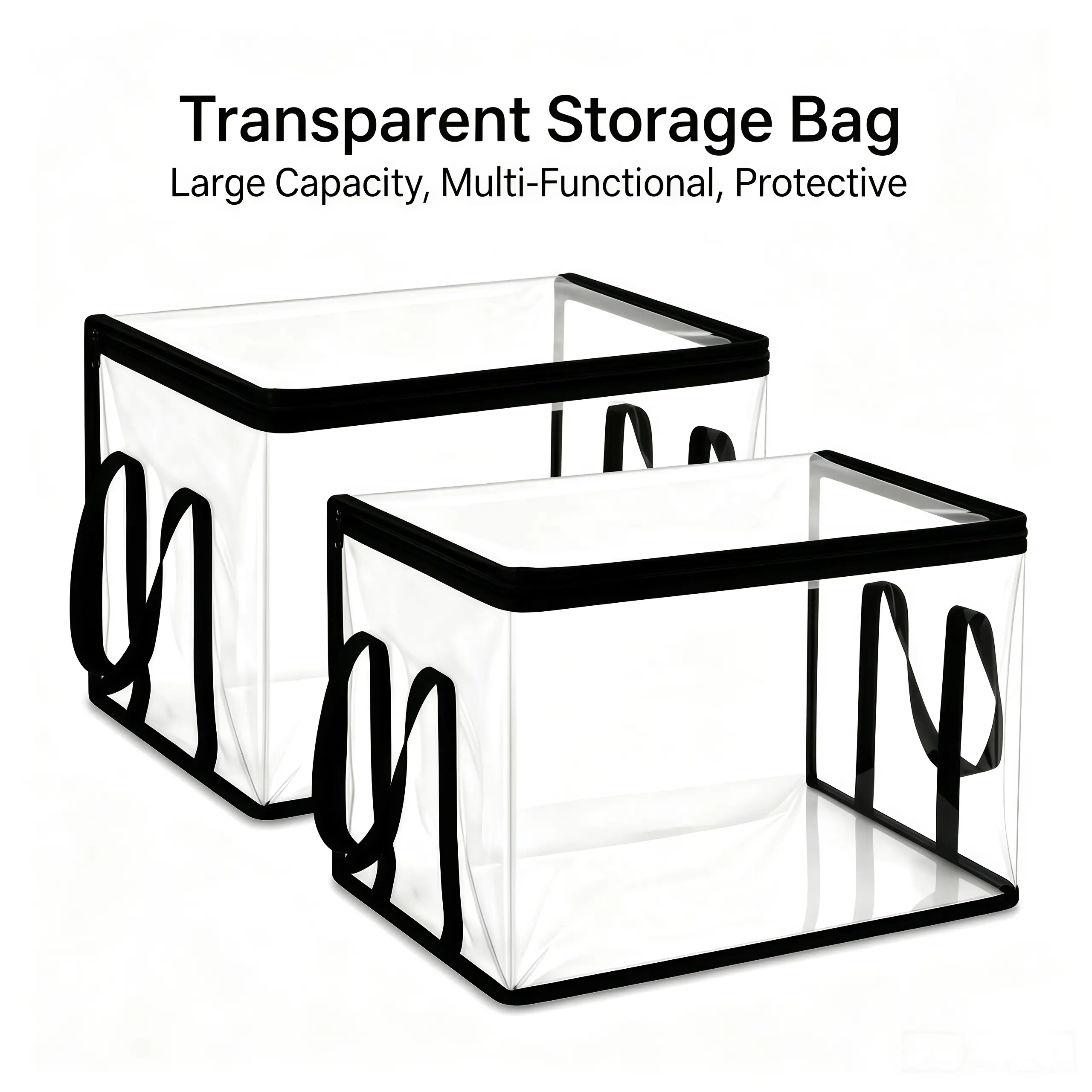 Heavy-Duty Thick Panels Smooth PVC Rectangle Collapsible Plastic Storage Bags with Zip Top - Transparent Large Household Box, Dual Plastic Storage Organizers for Moving, Laundry, Stackable Home Supplies