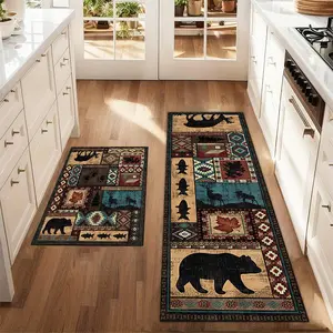 2pcs Rustic Cabin Rug Set, Bear Moose Bohemian Vintage Style Carpet, Crystal Velvet Print Western Rug for Bedroom Kitchen Hallway