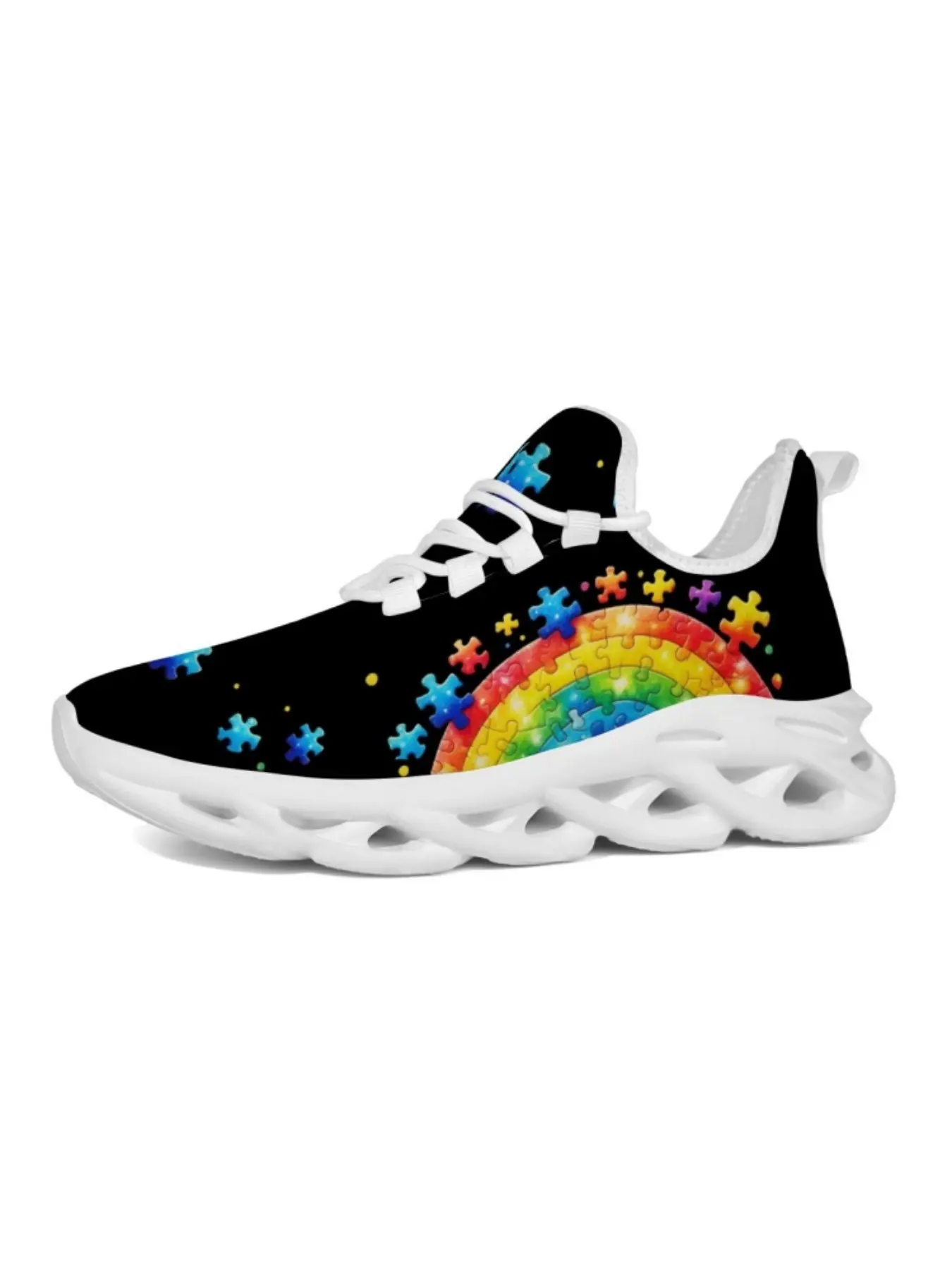 Neutral Rainbow Puzzle Print Sneakers, Casual All-Over Print, Textile Upper, Eva Sole, Anti-Slip, Comfortable for All Seasons, Sports Shoes