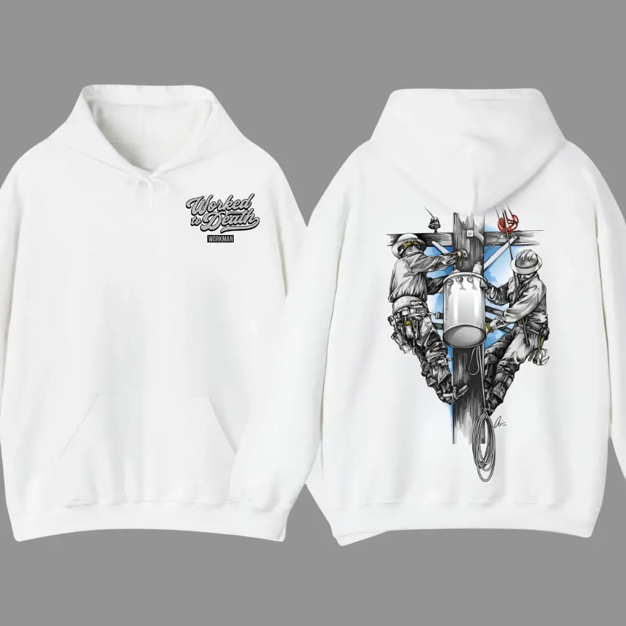 Worked To Death Lineman Hoodie, Power Line Worker Graphic Pullovers, Utility Pole Climbing Print, Blue Collar Electrical Workwear for Men